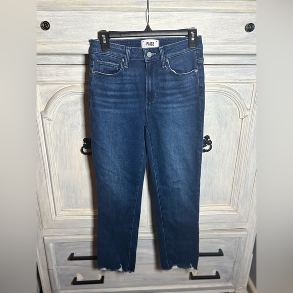 Paige Cindy Crop Dark Wash Straight Leg Raw Hem Stretch Classic - Picture 4 of 9